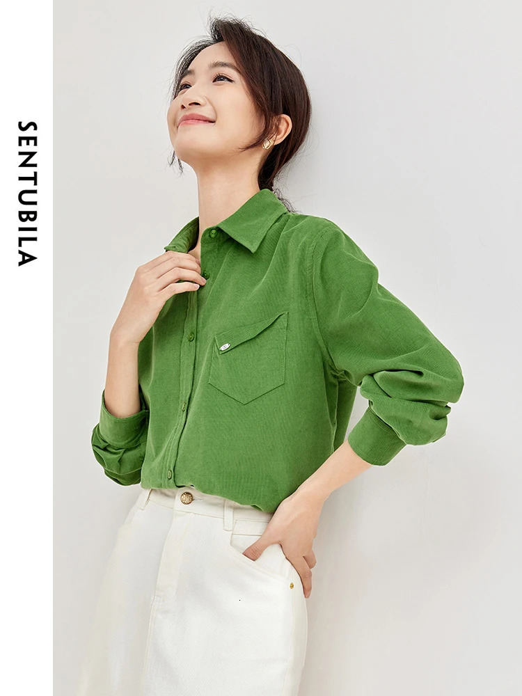 SENTUBILA Womens Cotton Corduroy Shirt Flip Collar Single Chest Spring Green Loose Shirt Womens Long Sleeve Top 133C51681 241115