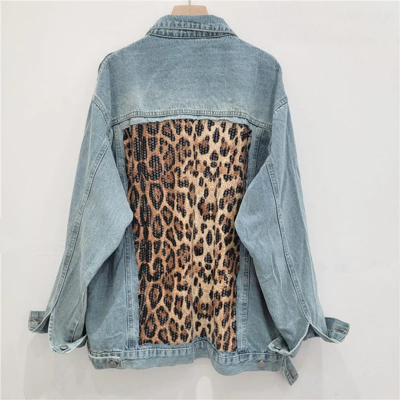 American retro leopard print sequined patchwork denim jacket for womens autumn casual loose long sleeved jacket 241115