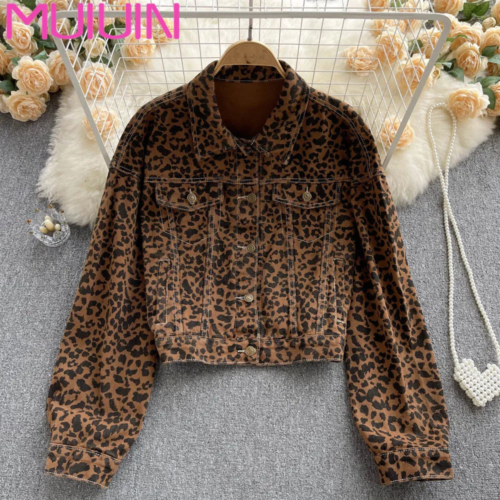 Leopard Print denim jacket for women fashionable pocket lapel short denim jacket for spring and autumn casual and loose denim jacket for women 241115