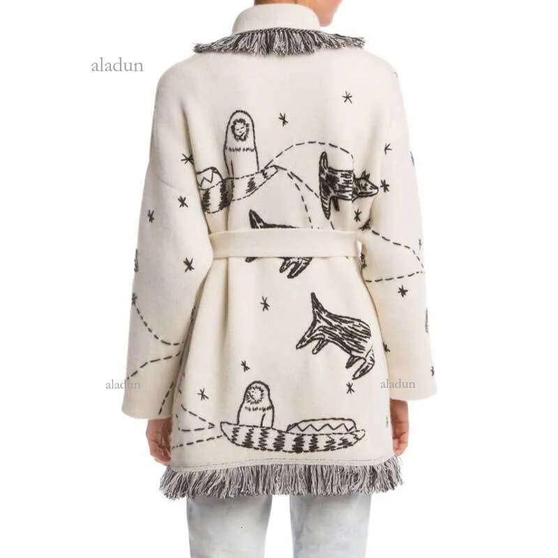 Inspired Wool Cashmere Cardigan embroidery animals belted White Women Sweaters Cardigans Sweatercoats autumn witner warm gai
