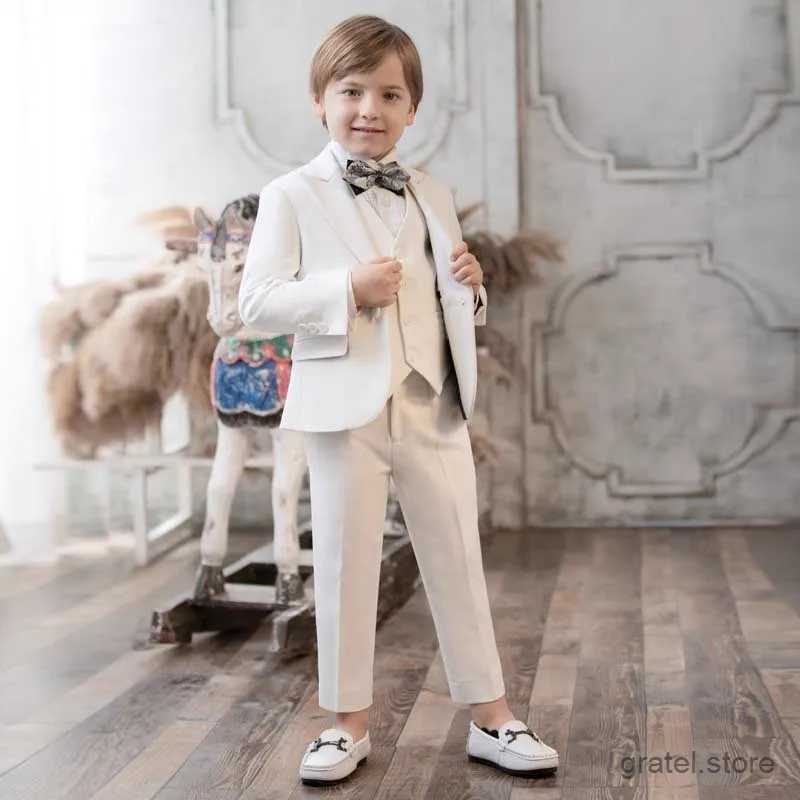 Suits Flower Boys White Baptism Party Dress Children Jacket Vest Pants 3PS Ceremony Photograph Suit Kids Piano Performance Costume
