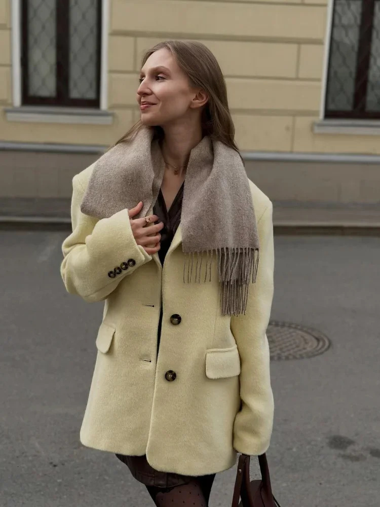 Yellow Elegant Collar Wool Blended Jacket Womens Unique Single Chest Long Sleeve Pocket Jacket Womens Office Street Jacket 241115