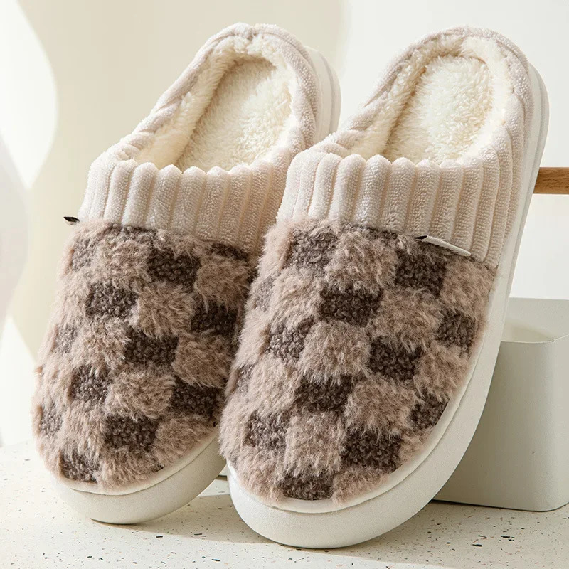 Fashion Couple Winter Flip Flops Warm Plaid Plush Slippers Soft Sole Slides Men Women Indoor Floor Home Nonslip Cotton Shoes 241115