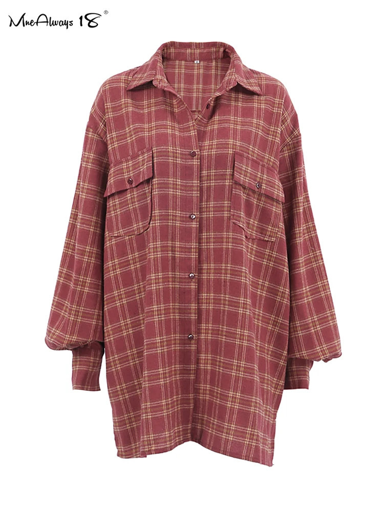 Mnealways18 Street Style Red Checkered Shirt Womens Irregular Long Sleeve Oversized Top Autumn Loose Ginkgo Top Trend 241115