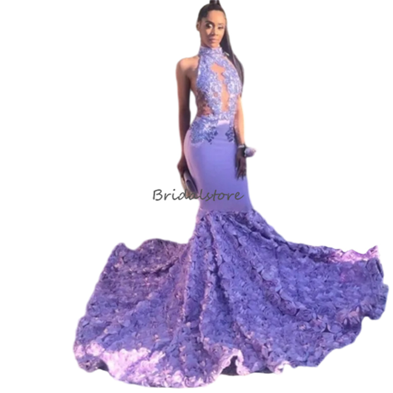 Mermaid Lilac Prom Dresses 2024 Beautiful Mermaid Black Girls Formal Dress 3D Rose Flowers African Women Evening Gowns Luxury Fifteen Birthday Female 