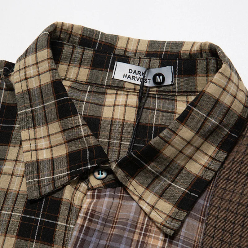 Hip hop mens plain shirt streetwear patch work buttons long sleeved cotton shirt summer Harajuku retro casual loose shirt 241112