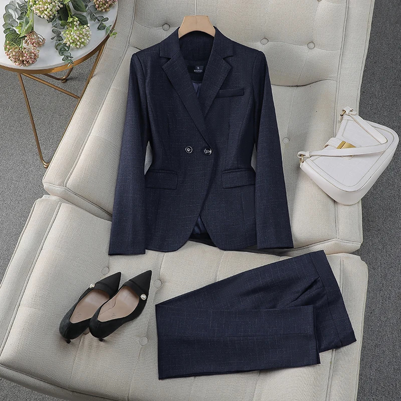 AutumnWinter Black Grey Purple Elegant Double Chest Sports Jacket Top and Womens High Waist Pants Two Piece Set 241115