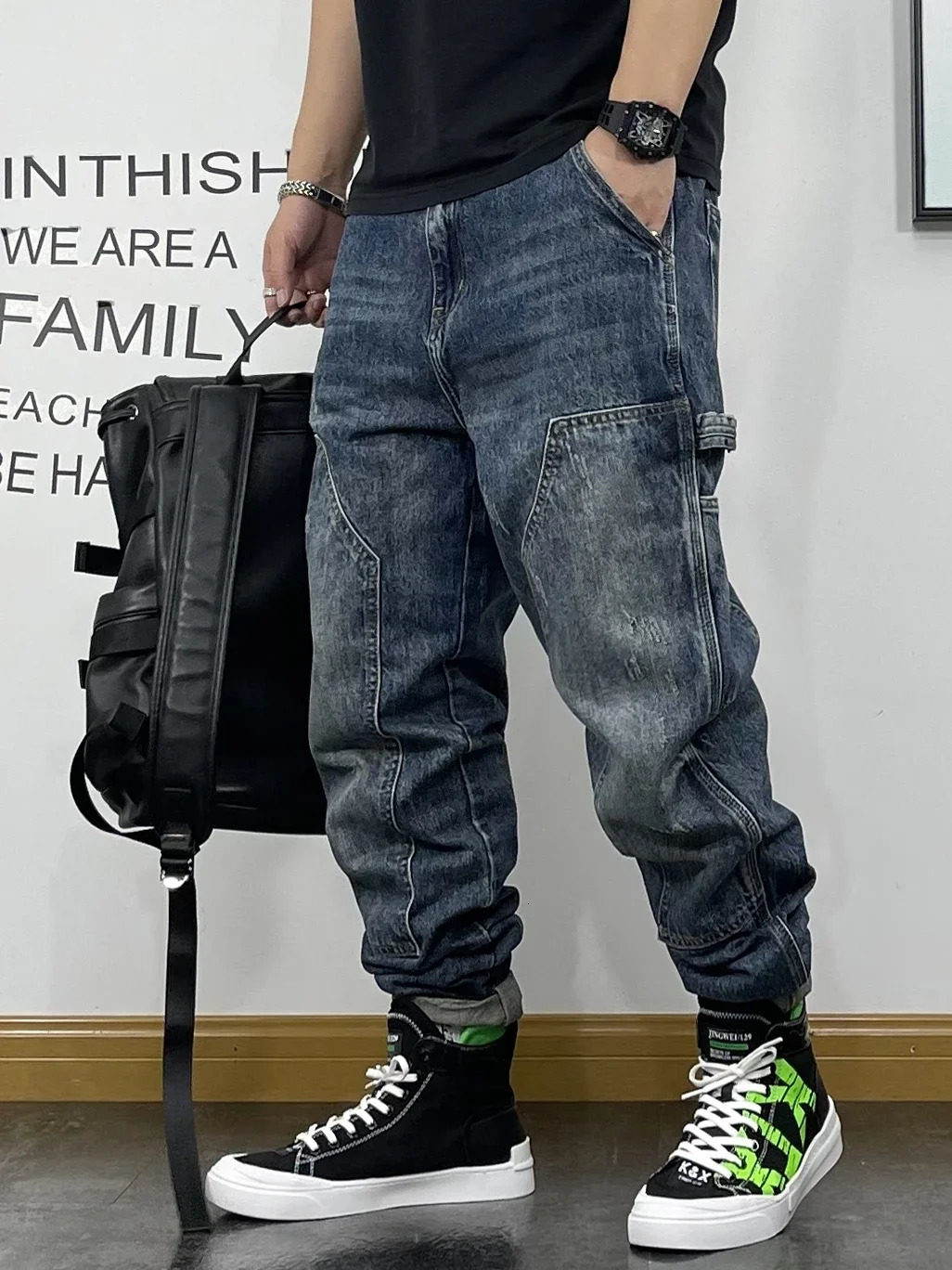 Streetwear Mens Harajuku Hip Hop Retro Bag Jeans Solid Color Loose Wide Leg Straight Denim Trouser Q0 4 241112