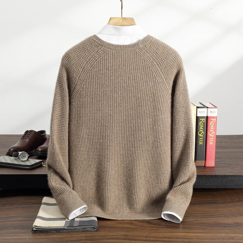 100% pure cashmere sweater mens knitted round neck with floral pattern autumn thick long sleeved solid color clothing 241115