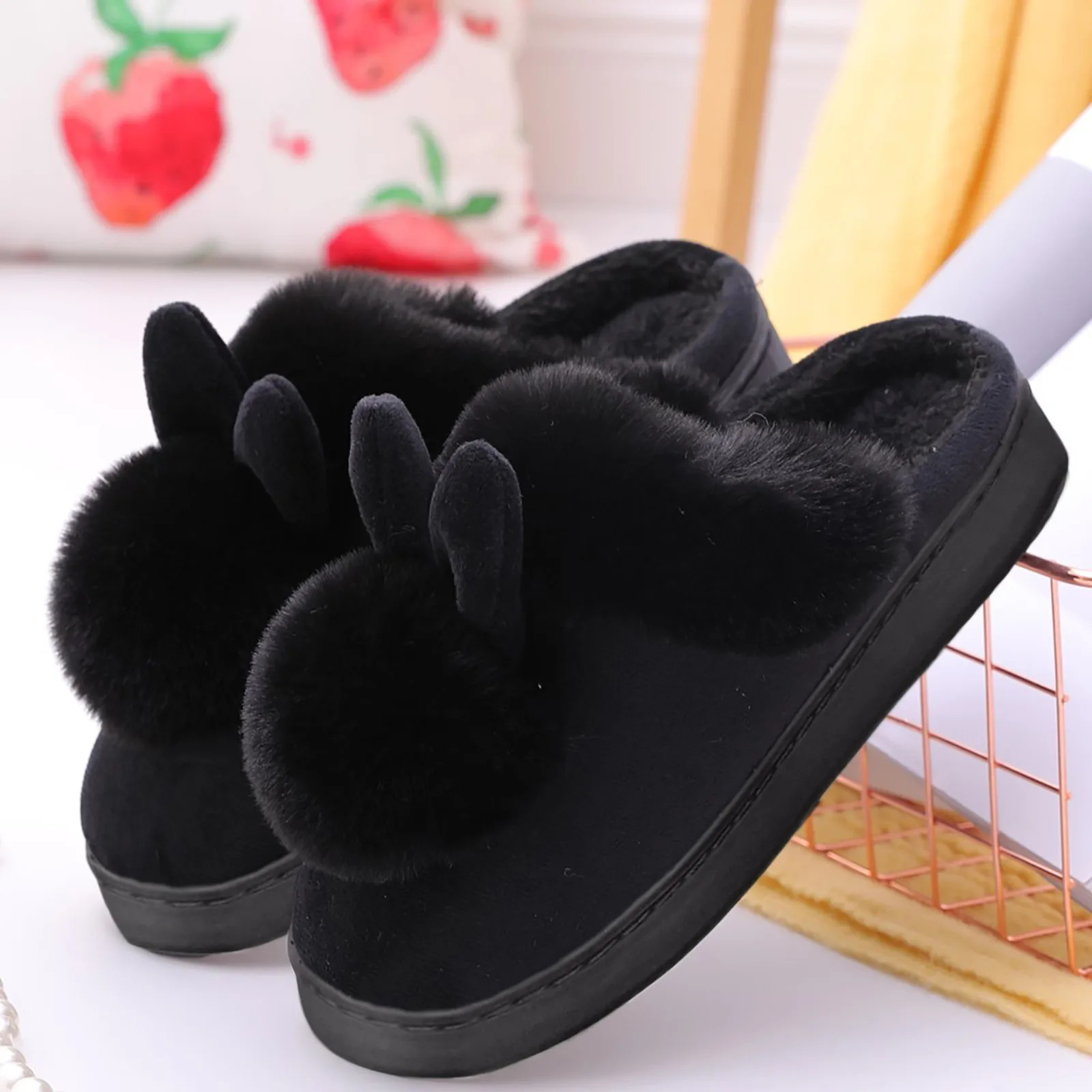 Winter Warm Home Fur Slippers Womens Indoor Home Rabbit Shoe Furry Ears Footwear Indoor Bedroom Flat Heels Fluffy Slippers Shoes 241115