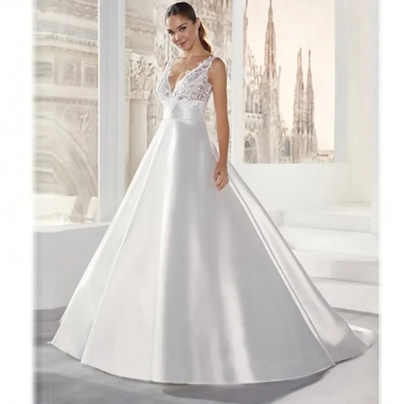 Minimalist Simple Satin A Line Wedding Dresses Lace V Neck Sexy Bridal Gowns With Long Train Plus Size Vestidos De Novia Low Back Maternity Bridal Par