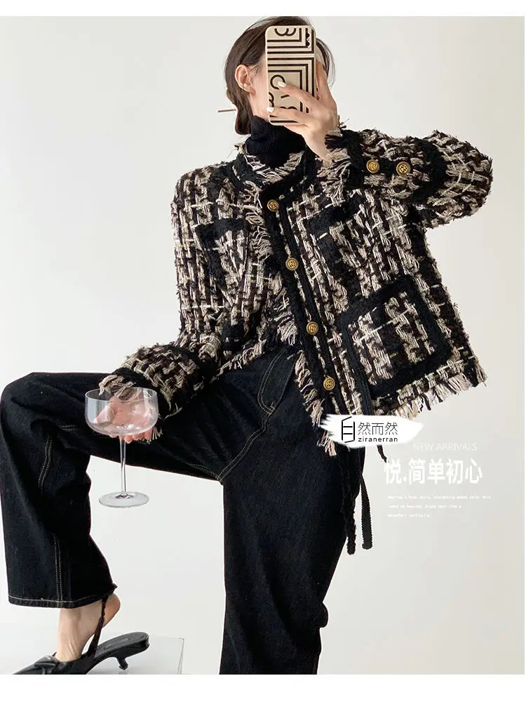 Spring n jacket for women elegant temperature coarse tweed jacket fashionable loose button jacket commuting 241115