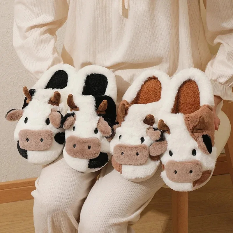 Winter Unisex Cartoon Cow Warm Plush Slippers Couples Indoor Nonslip House Slides Men And Women Toe Wrap Home Cotton Shoes 241115