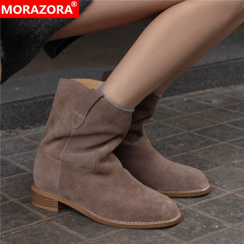 MORAZORA 2025 Genuine Leather Boots for Women Square Middle Heel Retro Denim Suede Western Style Boots Pulled onto Denim Boots Womens Shoes 241115