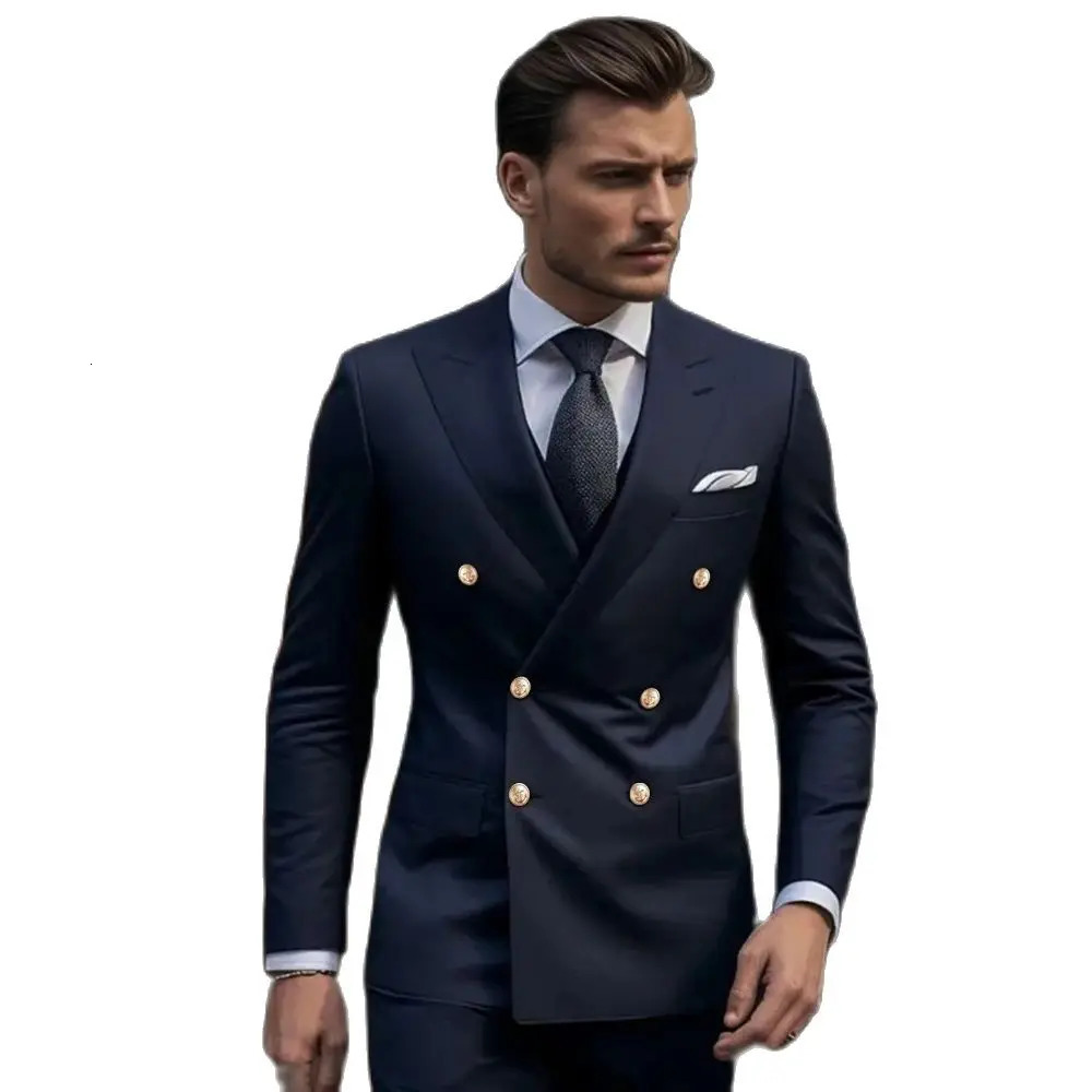 Highend Navy Blue Solid Men Suits Elegant Lapel Double Breasted Two Piece Fashion Business Casual Wedding Party Tuxedo 241115