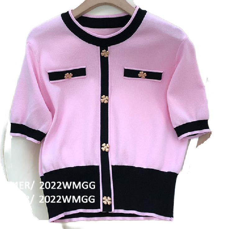 New women o-neck color block flower buttons short sleeve desinger patched knits tees plus size SMLXL