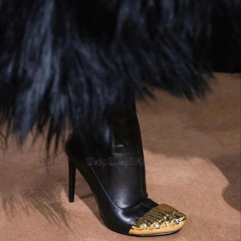 Gold Five Fingers Design Black Matte Leather Boots Back Zipper Women Shoes Thin High Heel Novel Fashion 2023 Atos Para Mujere