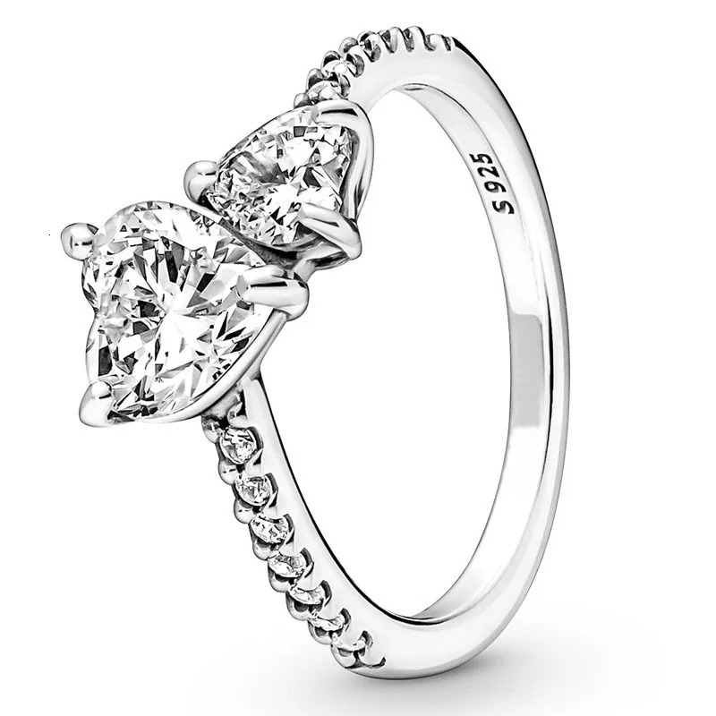 925 Sterling Silver Ring Mom Pave Double Heart Solitaire Round Halo With Crystal For Women Birthday Gift Fashion Jewelry 240417