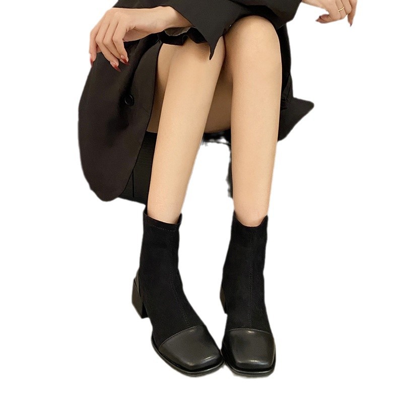 Large French Style Thick Heel Patchwork Autumn/Winter Square Toe Short Boots.