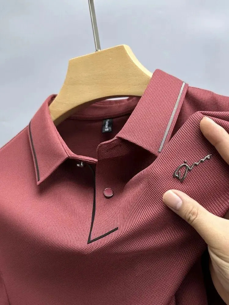 Light Ice Silk Mens Polo Shirt Summer Lapel Letter Embroidered Short Sleeve British Fashion Trend Handsome Mens T-shirt 240415