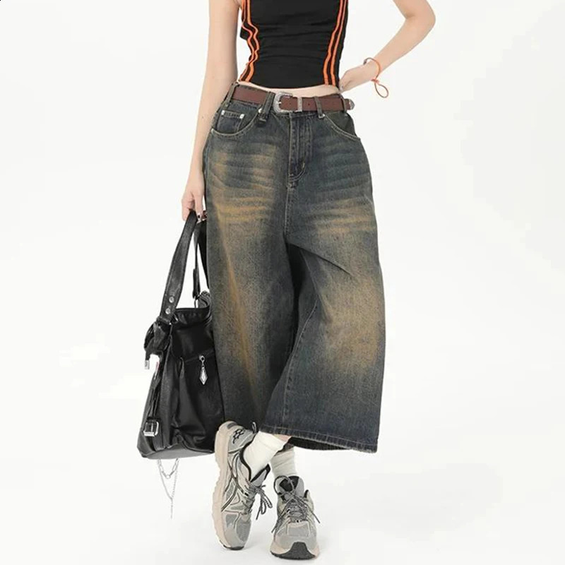 Y2k Cropped Barrel Jeans Woman 2024 Loose Knee Length Shorts Wide Leg Baggy Pants Mens Oversize Denim Trouser Short 241108