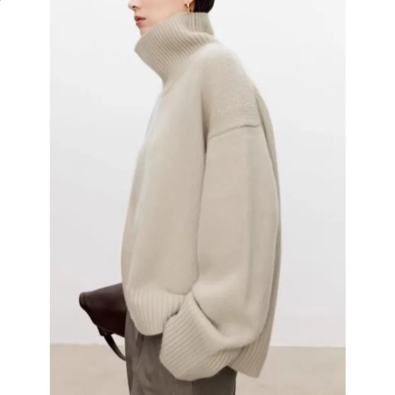 Thickened turtleneck 100% pure cashmere sweater womens loose lazy knit silhouette European products 241116