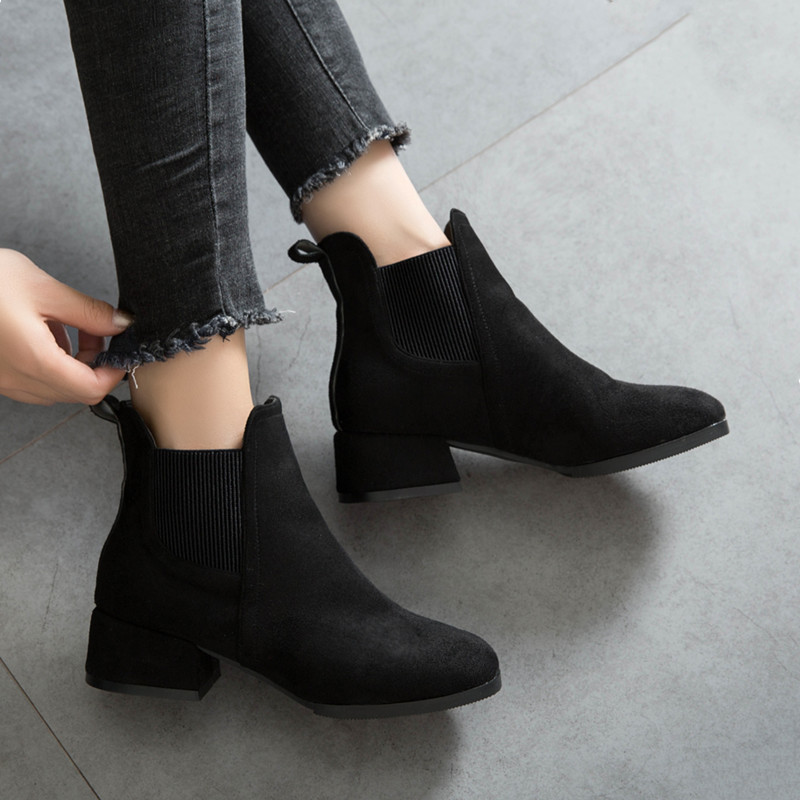 Chic Matte Short Boots: Stylish Round Toe Retro High-Heel Comfort Boots, Black/Tan 6514