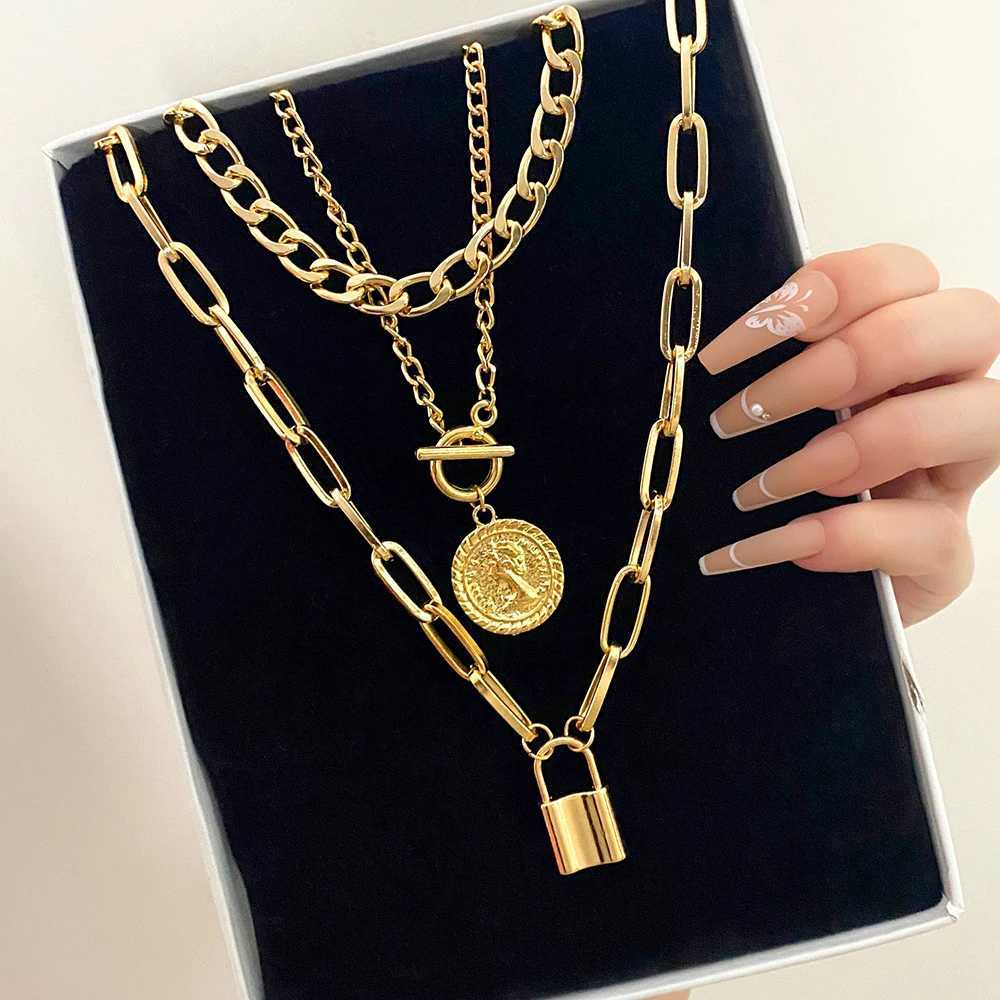 EN Charm Fashion Multilayer Gold Color Thick Chain Lock Pendant Necklace 2022 Jewelry Vintage Coin Choker Necklace for WomenXJ241116