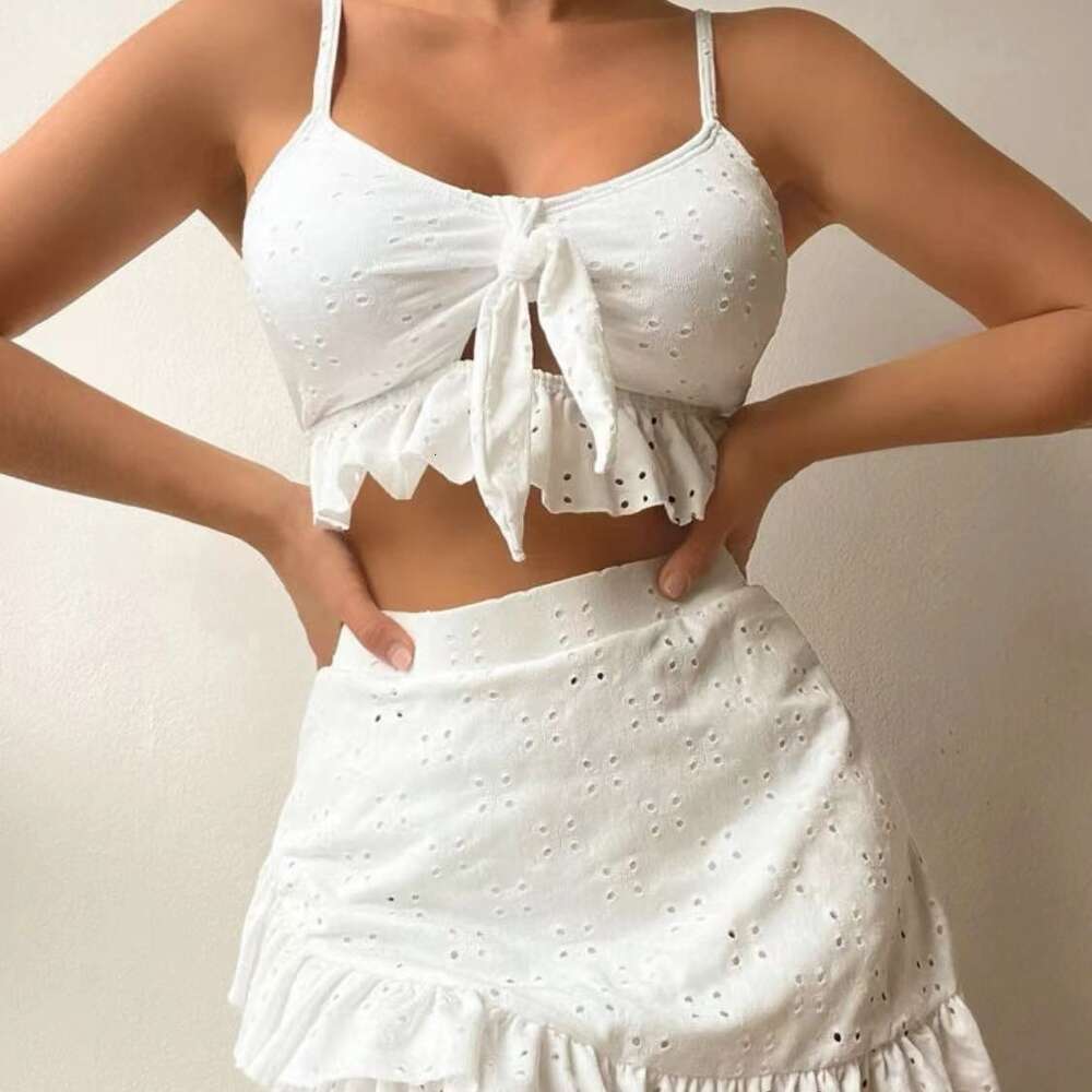 Hip Wrap Skirt Split Body Three Piece Set with Lace Up Beach Bikini Swimsuit F41733