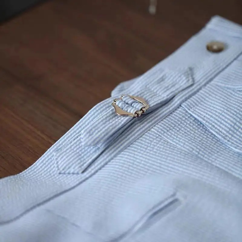 Italian Style Naples Suit Pants Men Blue Stripes Seersucker High Waist Paris Buckle Trouser Fashion England Business Casual Pant 241116