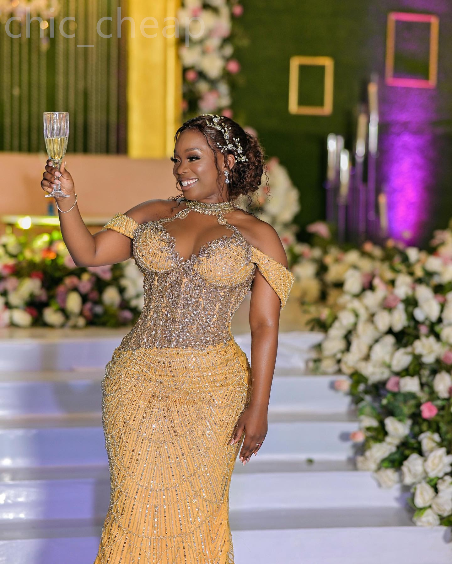 2024 Aso Ebi Gold Mermaid Prom Dress Crystals Off Shoulder Evening Formal Party Second Reception 50Th Birthday Engagement Gowns Dresses Robe De Soiree