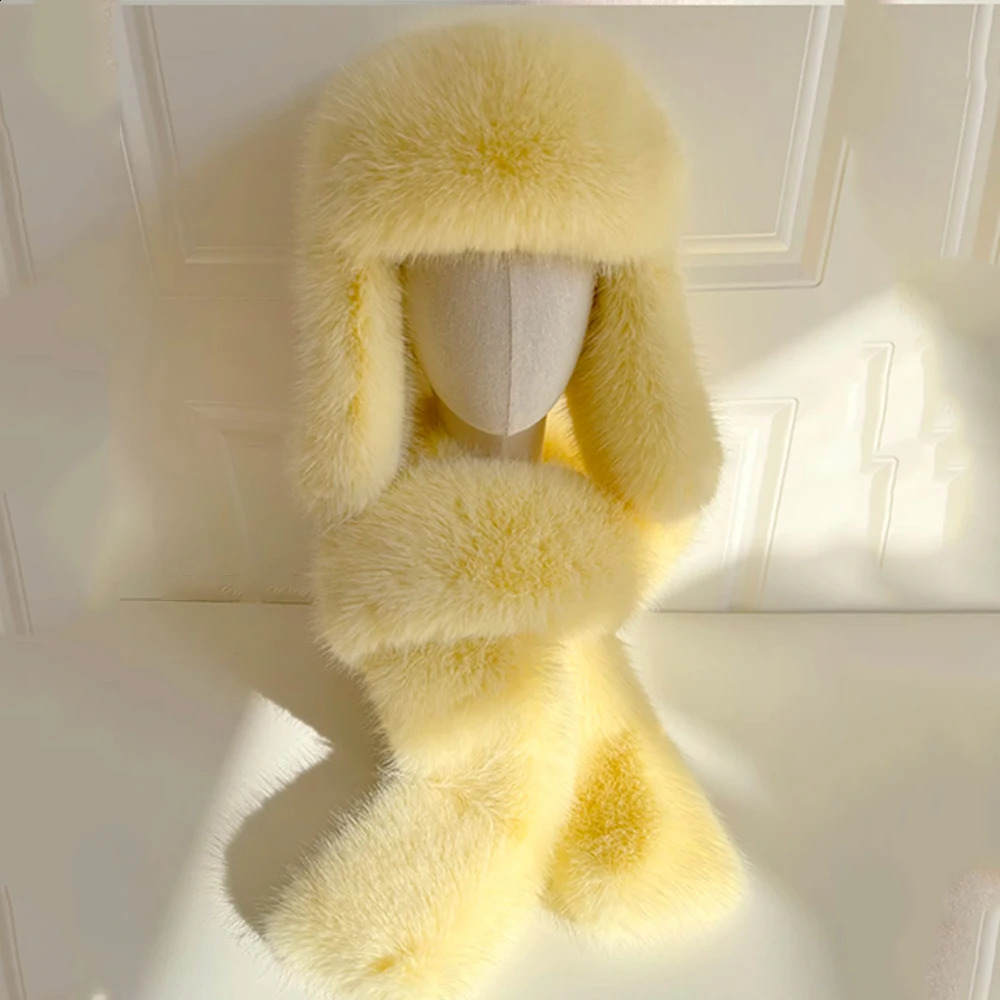 Saga fur Lei Feng hat yellow set imitates mink fur womens autumn and winter cycling warm skiing cold ear protection pilot hat 241116 - view 3