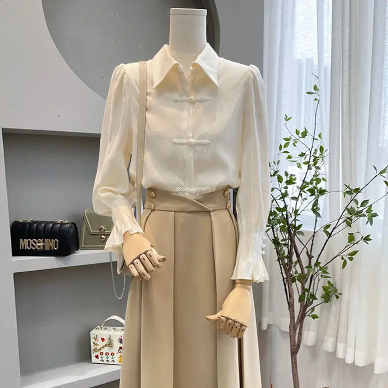 Womens Pearl Shirt Chinese Warm Long Sleeve Sunscreen Top Frog Fashion Trend Fashion 241115