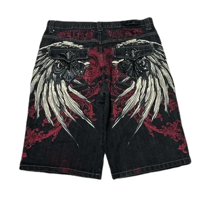Y2K Baggy Shorts Mens Wing Embroidered Denim Vintage Harajuku Hip Hop Gothic Punk Wide Leg Pants Street Wear 240411