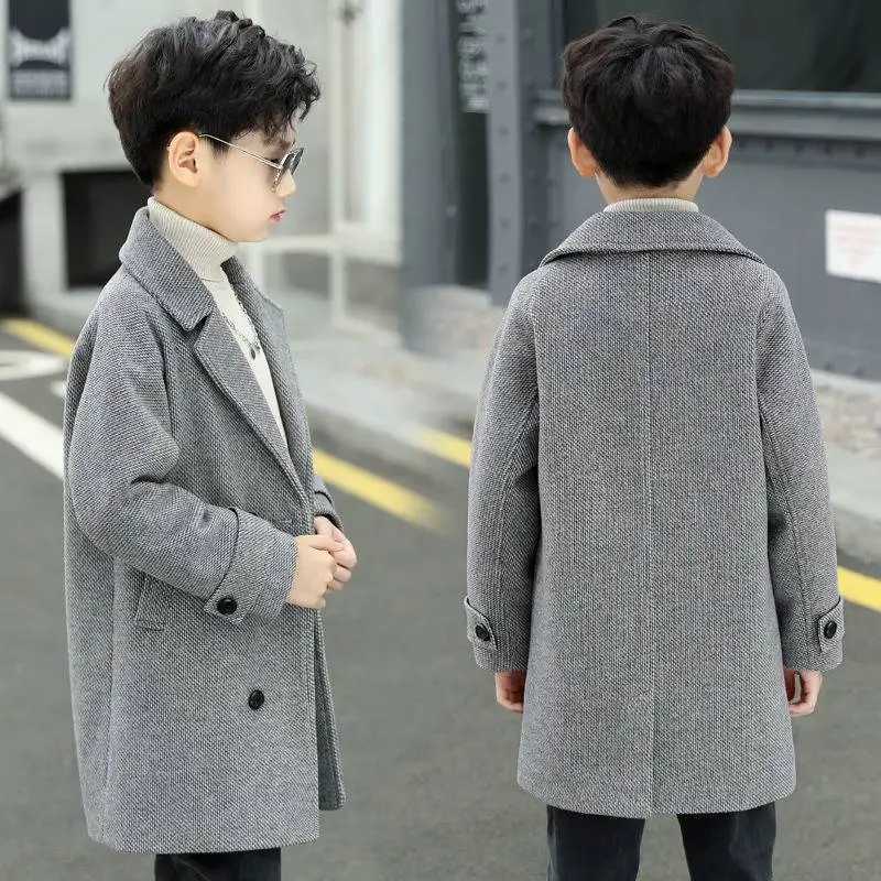 High Quality Winter grid jacket for boys and girls wool double-layer baby boy trench coat lapel autumn childrens coat spring wool coat T241116