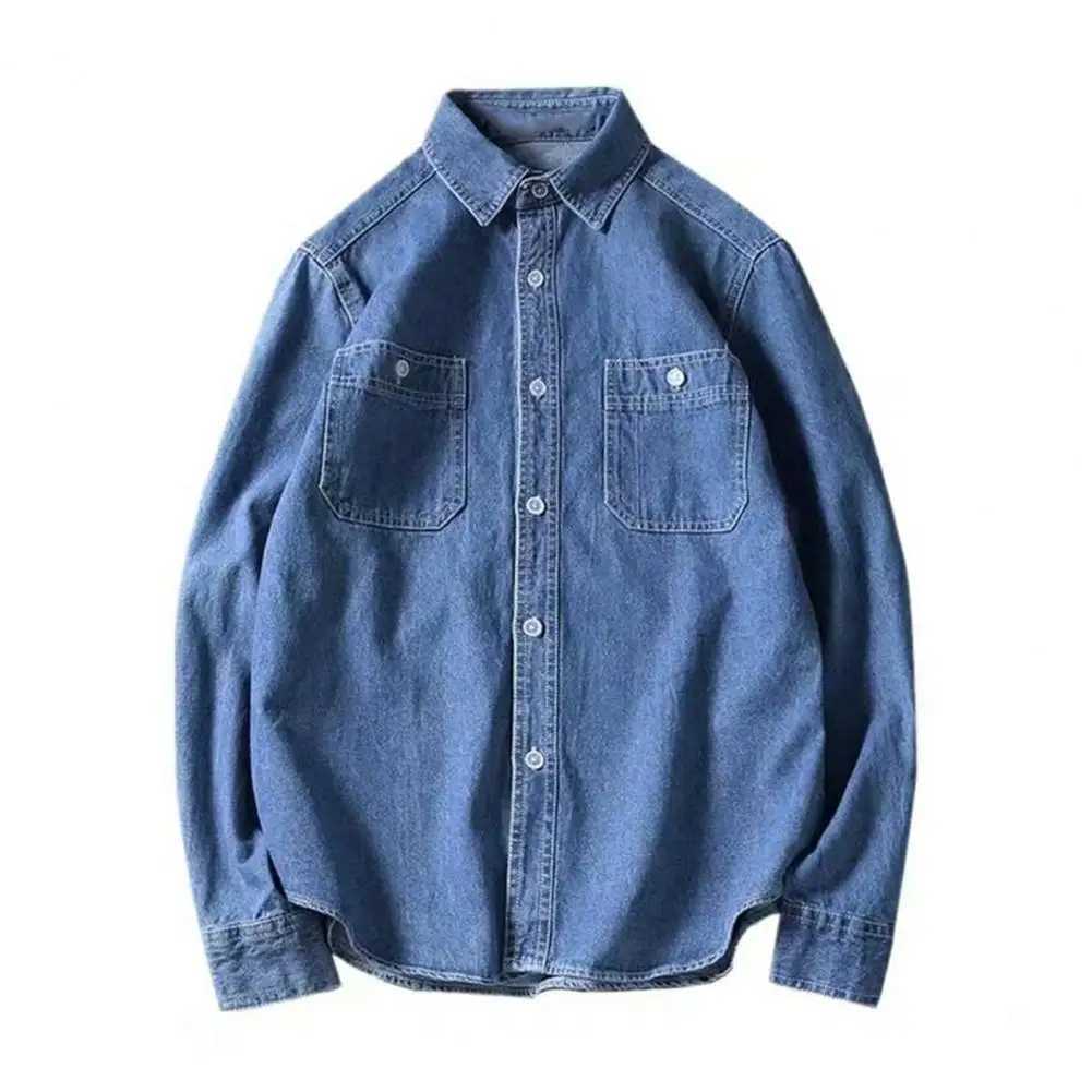 Men's Casual Shirts Trendy Male Shirt Jacket Skin-touch Solid Color Handsome Turndown Collar Buttons Men Denim Streetwear 240417