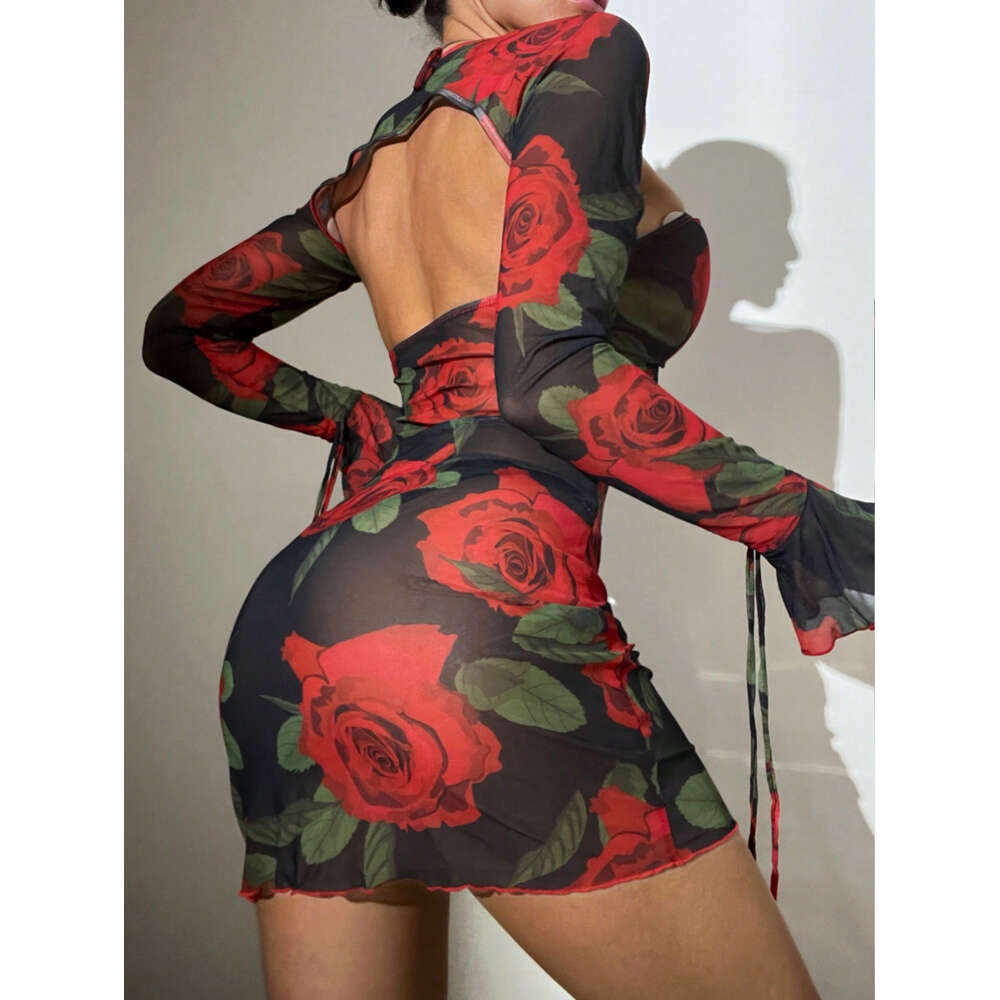2024 Backless Women's Printed Lace Up Swimsuit Sunscreen Cover Up Beach Sexy Short Skirt F41728