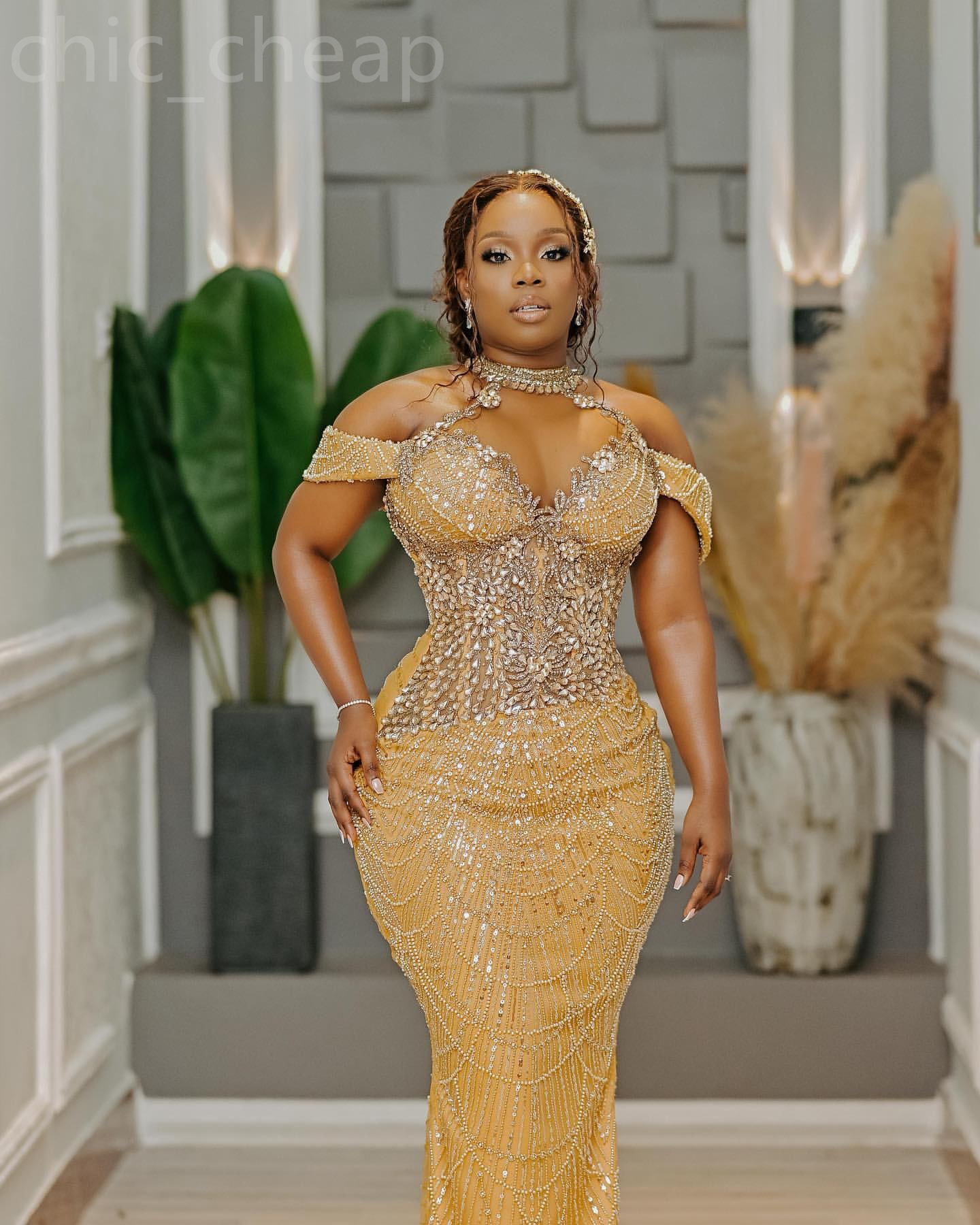 2024 Aso Ebi Gold Mermaid Prom Dress Crystals Off Shoulder Evening Formal Party Second Reception 50Th Birthday Engagement Gowns Dresses Robe De Soiree