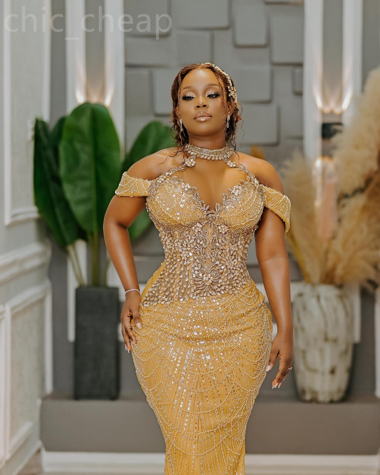 2024 Aso Ebi Gold Mermaid Prom Dress Crystals Off Shoulder Evening Formal Party Second Reception 50Th Birthday Engagement Gowns Dresses Robe De Soiree