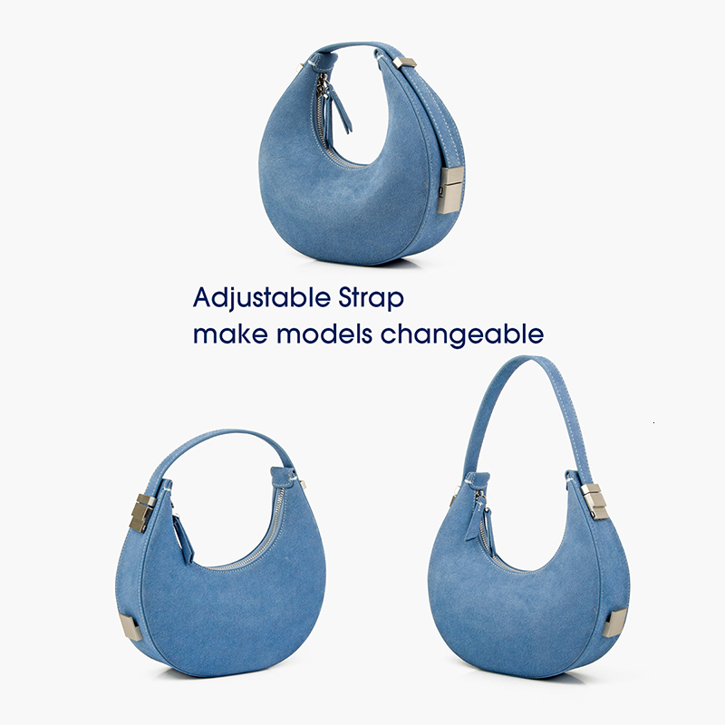 Donnain Trendy Denim Blue Cow Suede Women Half Moon Clutch Handbag Real Leather Crescent Hobo Mini Shoulder Bag Fashion Genuine Leather BagVoyage