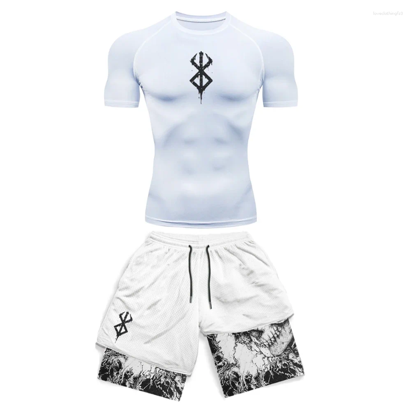 Men's Anime 3D Printed Compression Tracksuit Set, Short Sleeve Gym Top & Workout Shorts, Quick Drying Breathable Rash Guard