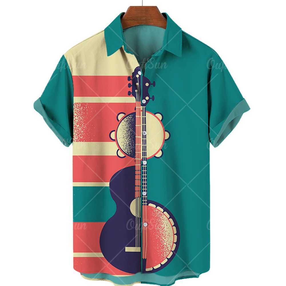 EG4N Men's Casual Shirts Summer Hawaiian For Men Music Guitar Printed Tops Clothing Fashion Oversized Collar Rock And Roll Blouses 240417