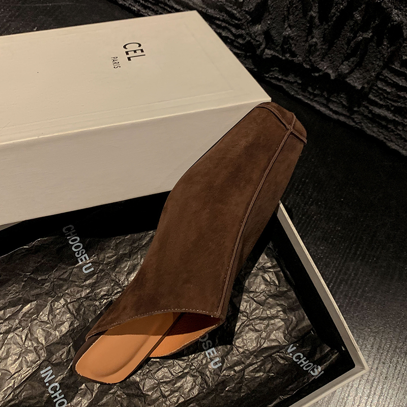 Suede Women Mules Low Heels Square Toe Slippers Genuine Leather Retro Style Casual Working Shoes Woman Spring Summer 2024 New