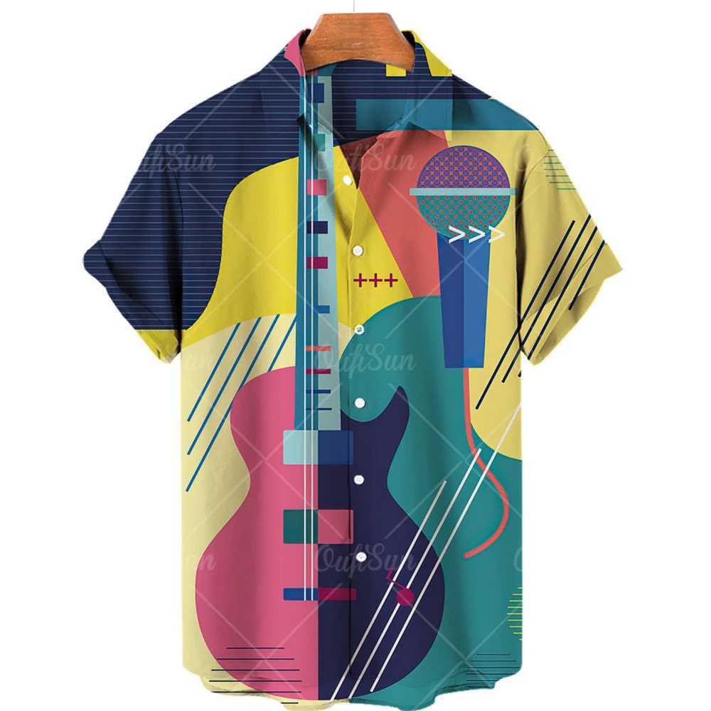 EG4N Men's Casual Shirts Summer Hawaiian For Men Music Guitar Printed Tops Clothing Fashion Oversized Collar Rock And Roll Blouses 240417