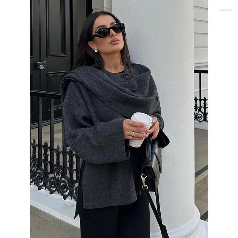 Women's Jackets MUXI-Gray Shawl Jacket With Scarf Long Sleeved Loose Open Front Elegant And Unique Street Wear Autumn Winter