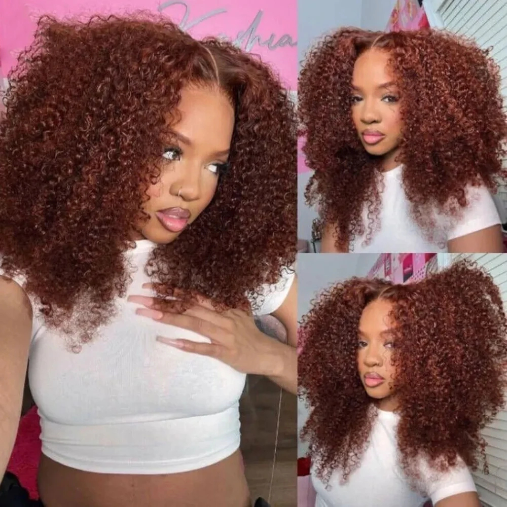 Mogolian Reddish Brown Jerry 13x4 Front 250%Remy Human Hair Wigs Kinky Curly Glueless HD Transparent Lace Frontal Wig