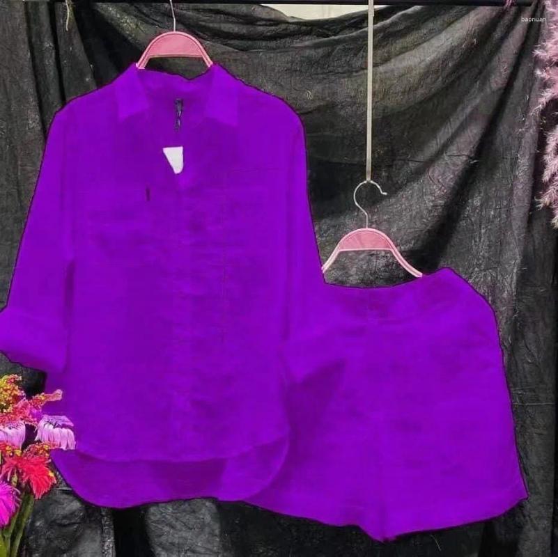 Women's Tracksuits Summer Casual Shirt Two Piece Set For Women Shorts 2 Sets Outfit Solid Color Long Sleeve Short Outfits Home