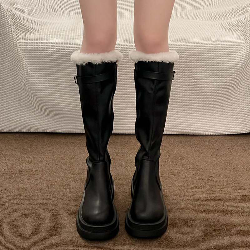 French Black Velvet Thick Soled Thick Heeled Long Boots.