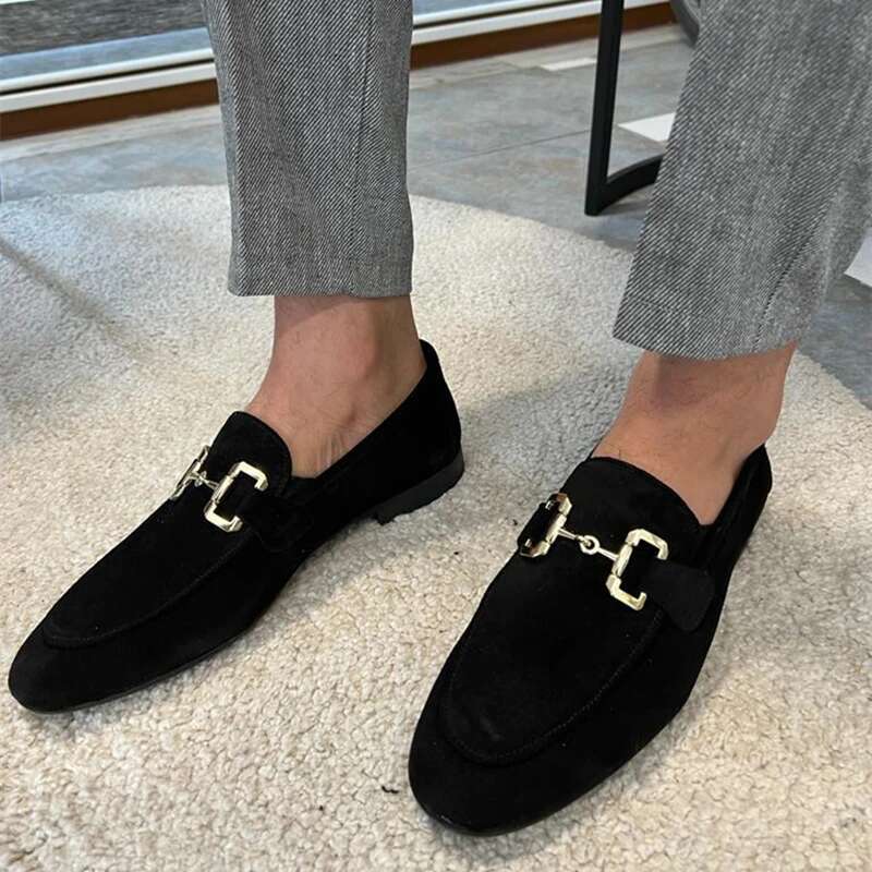 Loafers Black Beige ck Round Toe Metal Decoration Dress Slip on Men Shoes
