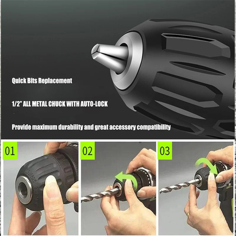 Wiredless Impact Drill Screwdriver Rechargeable Battery Cordless Hammer 253Torque Setting Electric Power Tool 240402